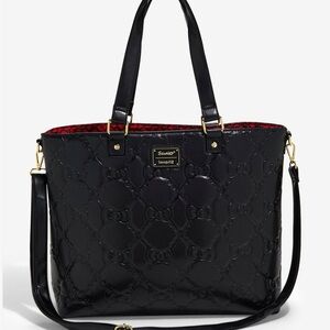 Loungefly Sanrio HK leather faux Black bow Embossed Tote with Red Interior